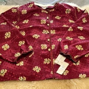 Maggie Barnes Burgundy Velvet Button-Front Blouse with Gold Accent Motifs